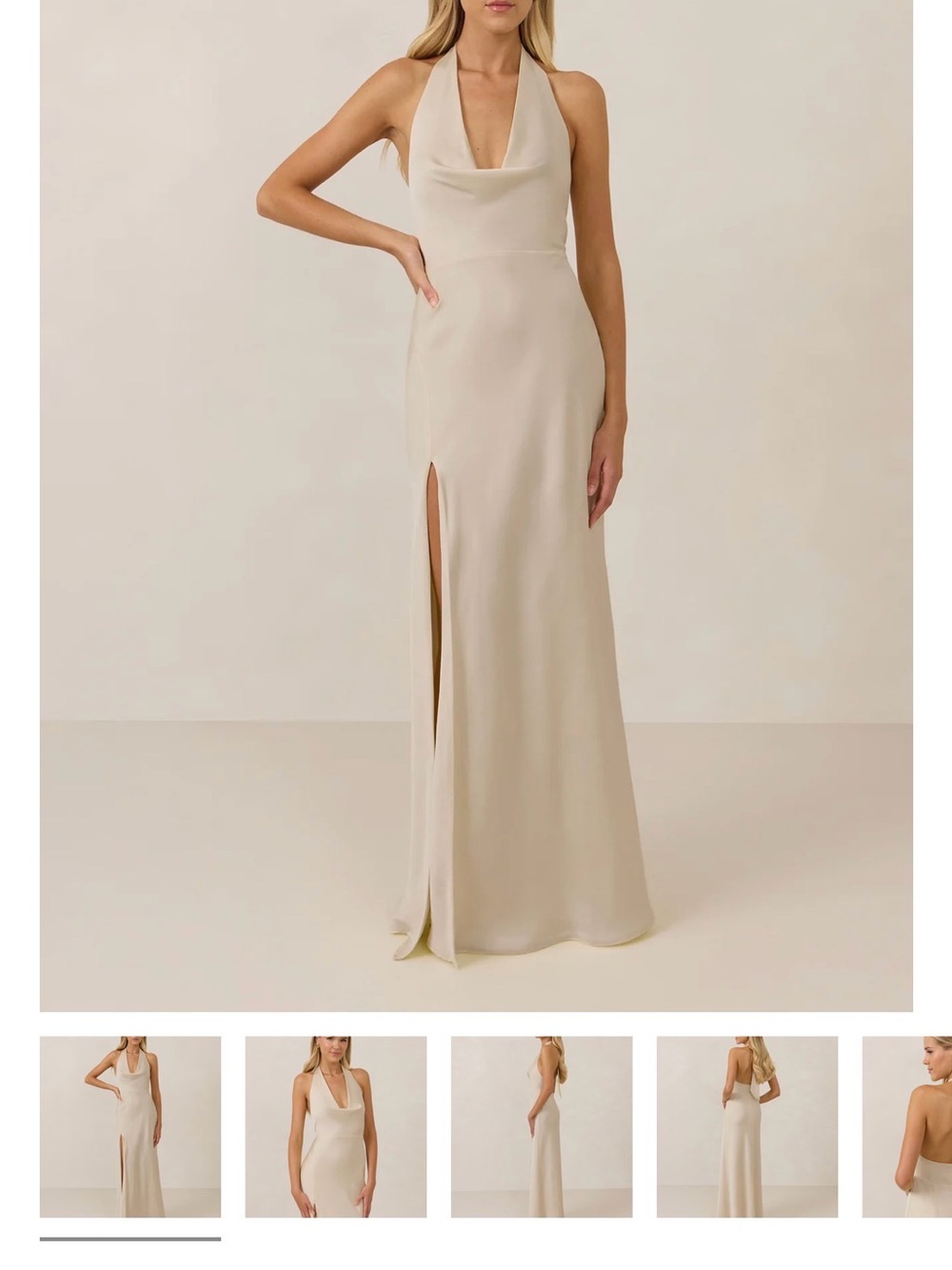 Park & Fifth Champagne Halter Cowl Gown with Side Slit